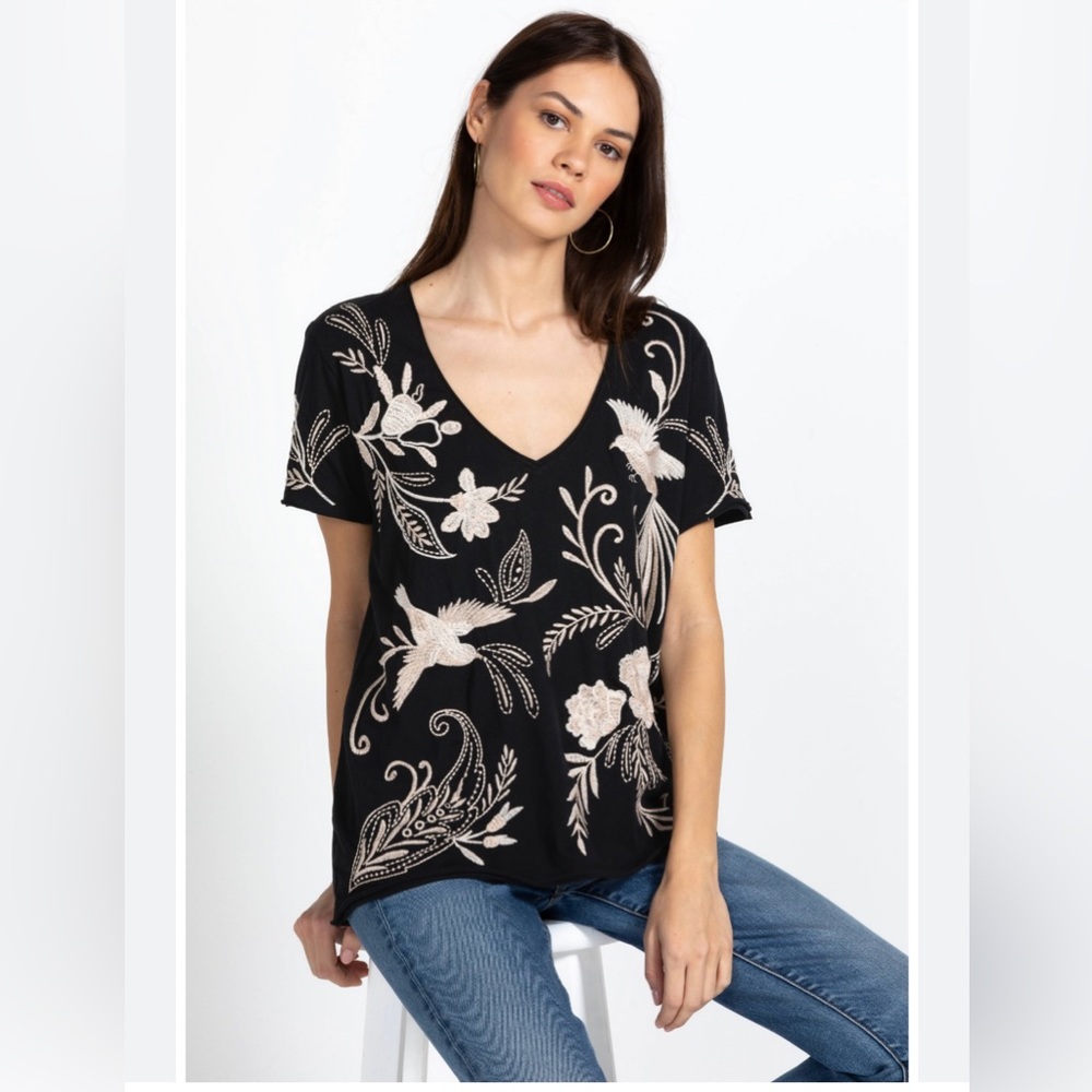 Johnny Was Frankie Everyday Black and Cream Floral Short Sleeve Tee